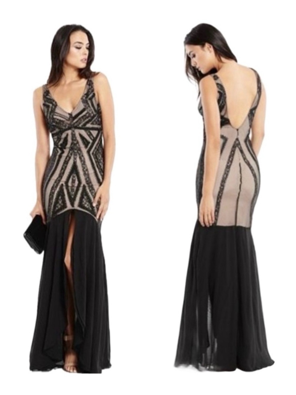 Marciano Paulette Gown nude black beaded lace mermaid front slit sleeveless 10